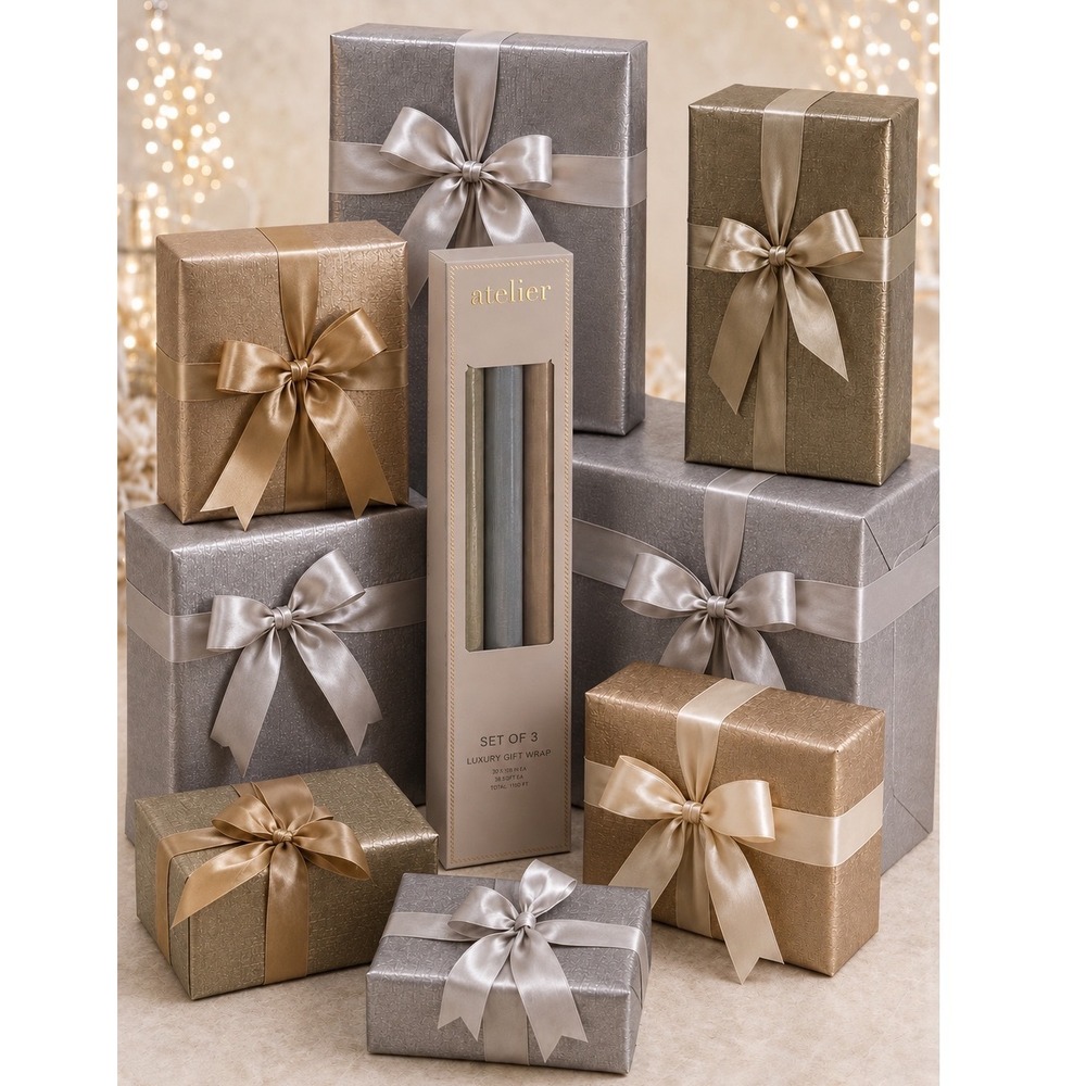 Atelier Luxury Gift Wrap 3Pk Metallic Gold Silver Bronze Textured 75 SqFt 109-04